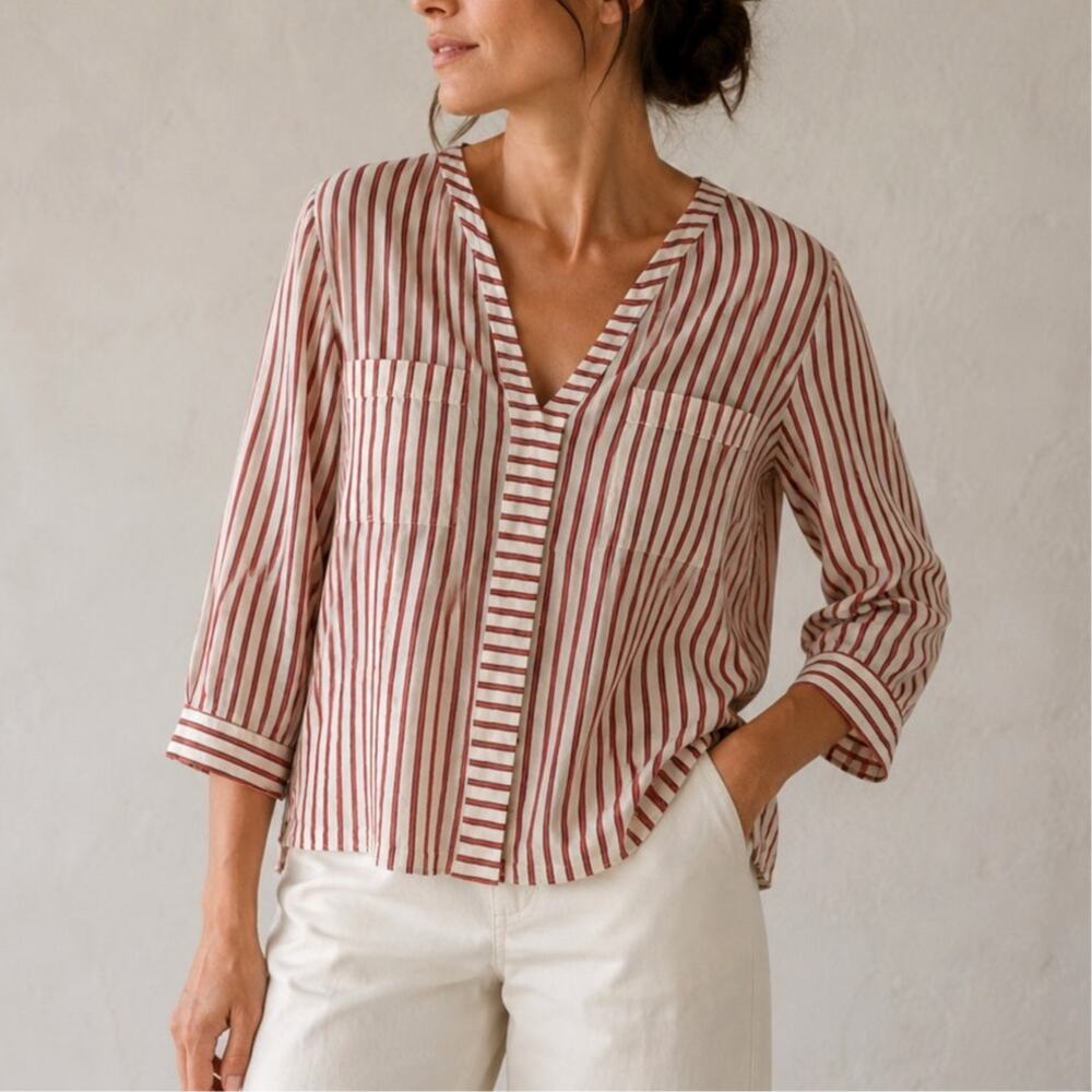 Gerard Darel Paris Striped Blouse Women’s 44 Red White Relaxed 3/4 Sleeve Large